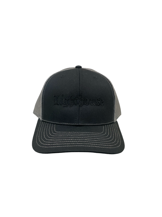 Lighthouse Old English Trucker Hat Black/Grey