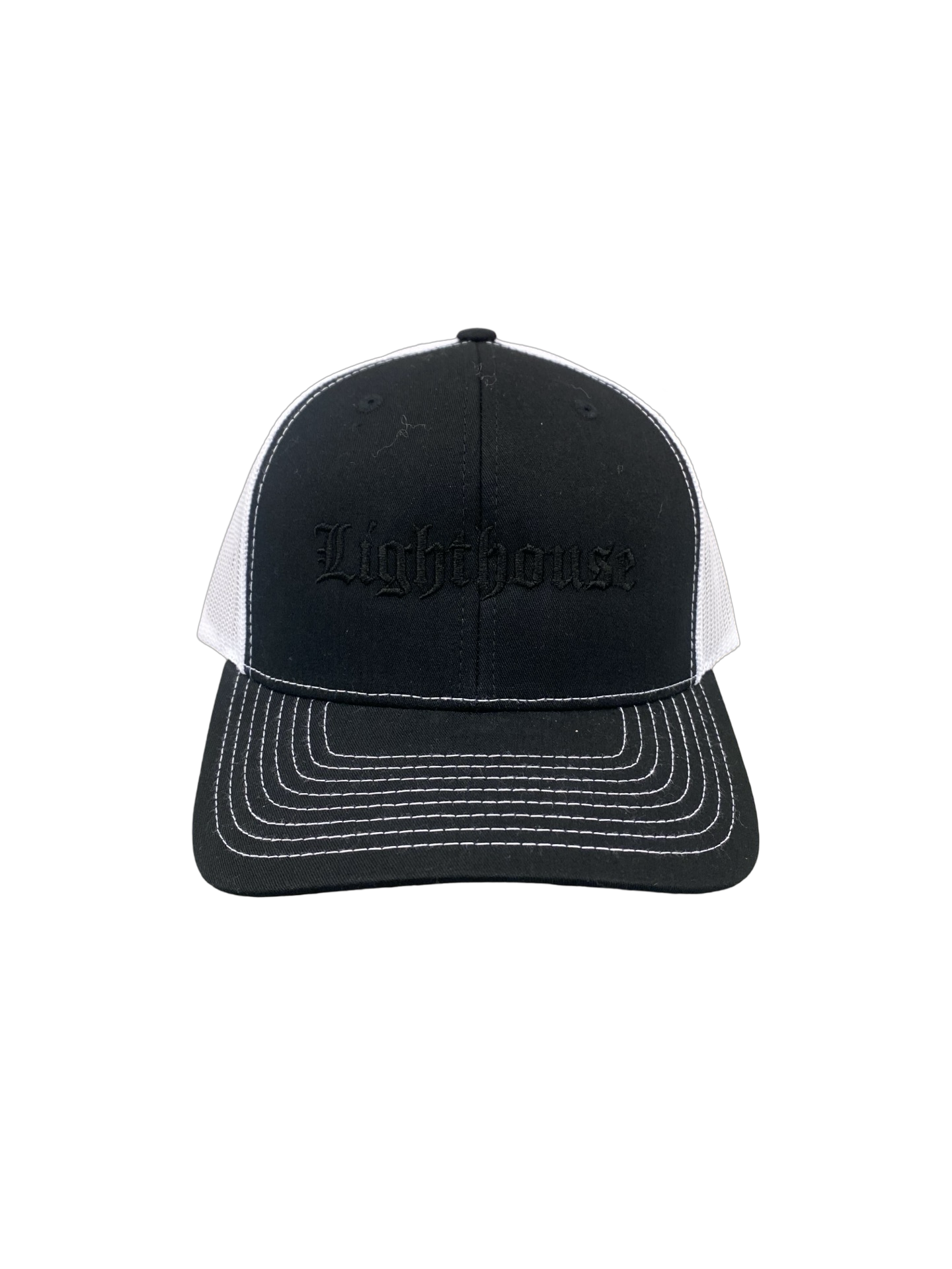 Lighthouse Old English Trucker Hat Black/White