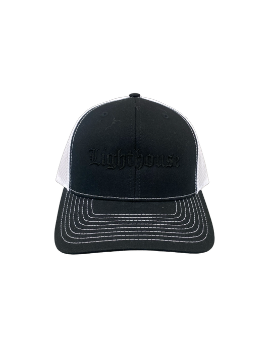 Lighthouse Old English Trucker Hat Black/White