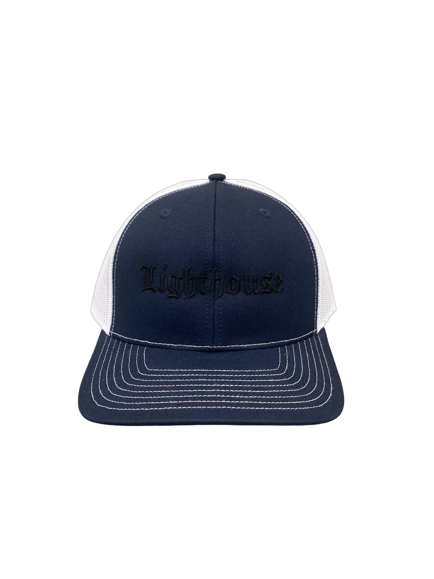 Lighthouse Old English Trucker Hat Navy/White