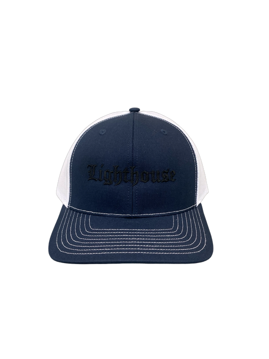 Lighthouse Old English Trucker Hat Navy/White