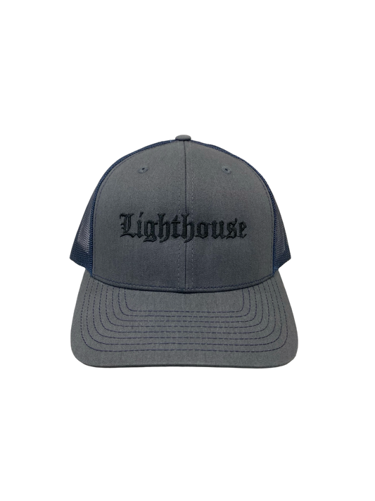 Lighthouse Old English Trucker Hat Grey/Navy