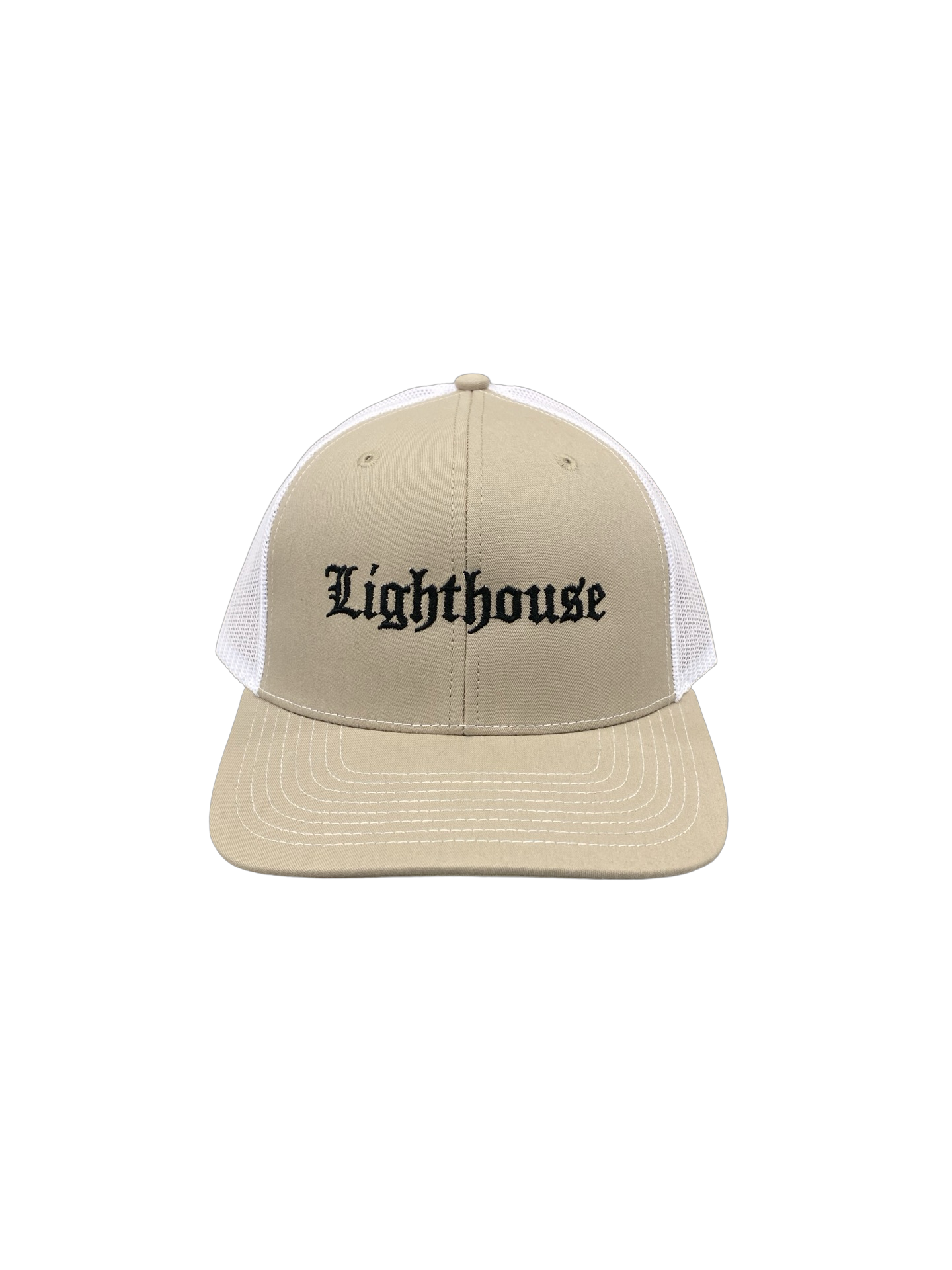 Lighthouse Old English Trucker Hat Tan/White