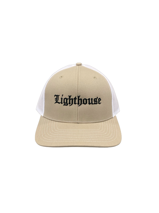 Lighthouse Old English Trucker Hat Tan/White