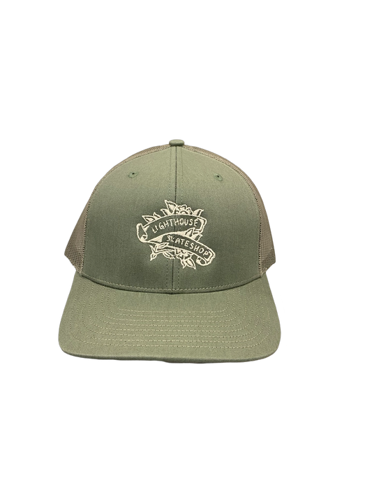 Lighthouse Flower Trucker Hat Army Green