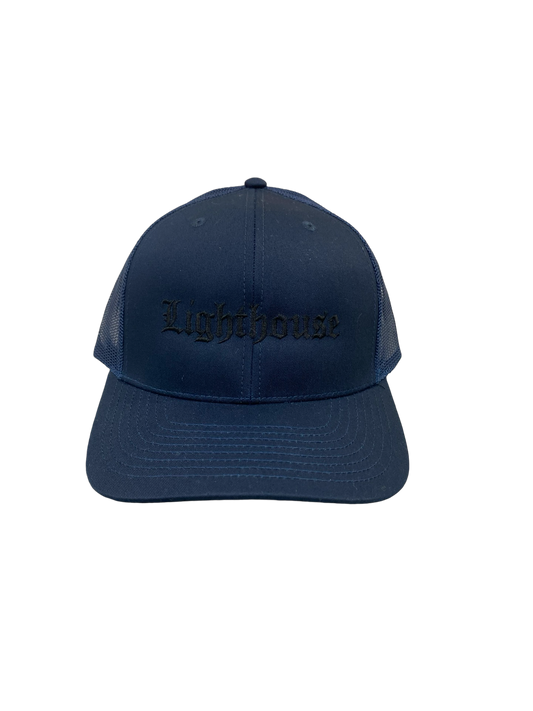 Lighthouse Old English Trucker Hat Navy/Blue