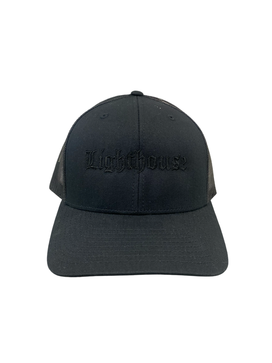 Lighthouse Old English Trucker Hat Black/Black