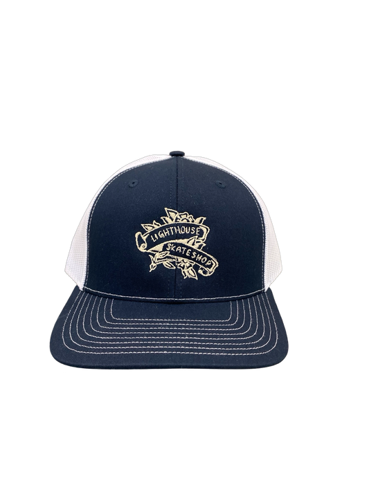 Lighthouse Flower Trucker Hat Navy/White