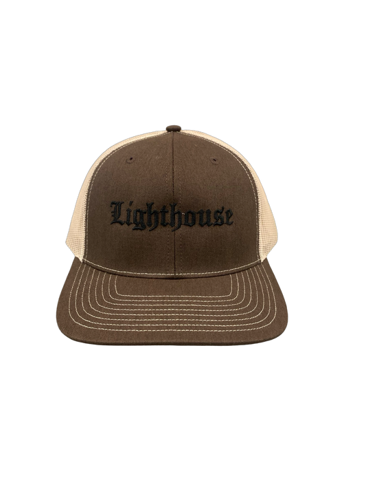 Lighthouse Old English Trucker Hat Brown/Tan