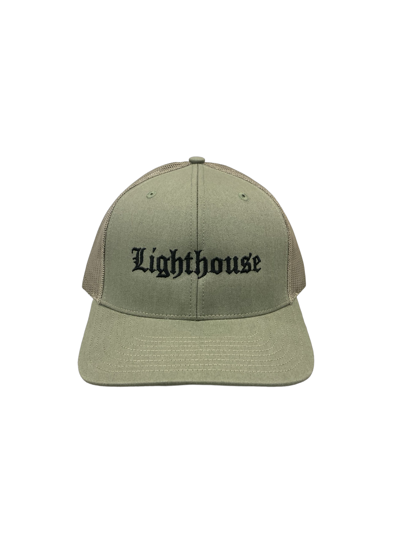 Lighthouse Old English Trucker Hat Army Green