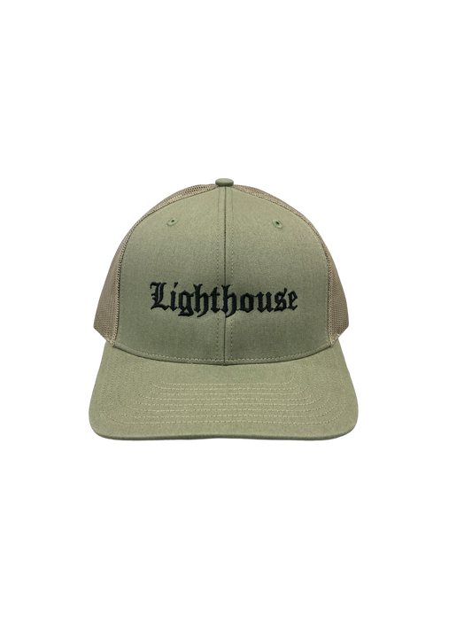 Lighthouse Old English Trucker Hat Army Green